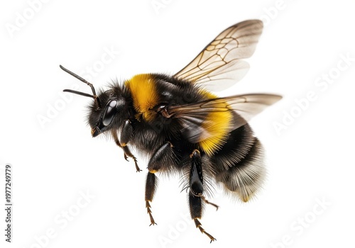 A close-up view of a bumblebee in flight with yellow and black stripes