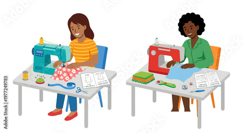 Two women happily sewing at tables with colorful fabrics and supplies