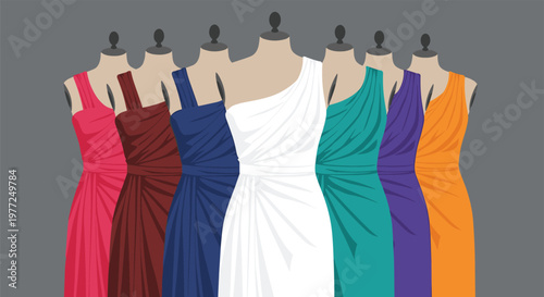Selection of elegant one-shoulder pleated evening dresses displayed on mannequins in a vibrant spectrum of colors for formal event choices.