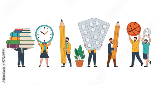 Small human figures carrying giant everyday objects representing education, time management, health, creativity, and sports activities in life.