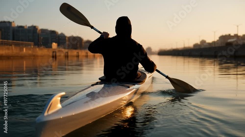 Person Kayaking on River at Sunrise, Paddling Through Calm Water With Cityscape in Background