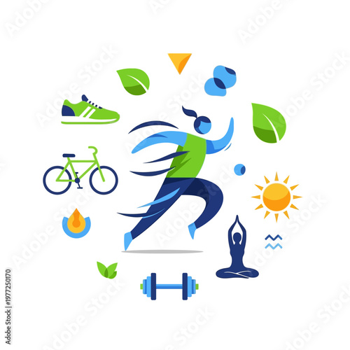 Healthy Lifestyle Concept: Running, Yoga, Cycling, Fitness, Nature, Sun, Water
