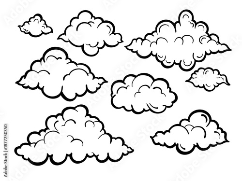 Cloud icon in black line, with different shapes