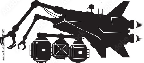 Robotic spacecraft, futuristic robot, space shuttle, black vector illustration