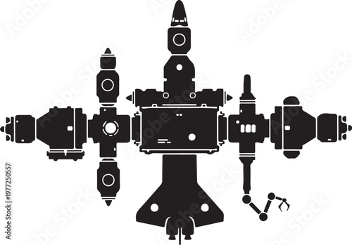 Industrial robotic arm, mechanical assembly, black silhouette, vector graphics, factory automation, robotics