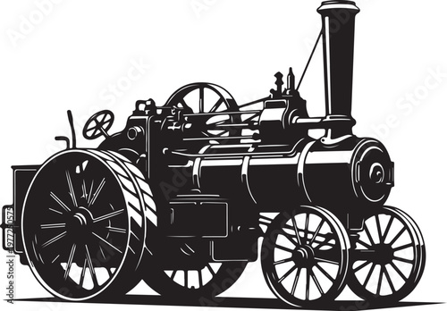 Vintage steam tractor, antique farm equipment, black and white illustration, vector tractor icon