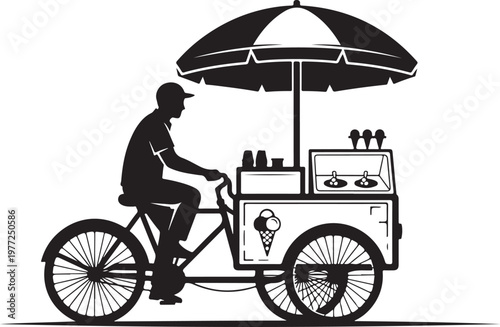 Black ice cream vendor bicycle cart, vector illustration, food truck, street food