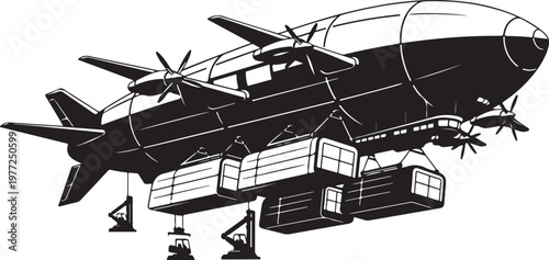 Black and white airship vector, futuristic blimp illustration, zeppelin graphic, aircraft silhouette