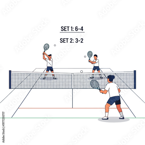Tennis match illustration with score updates and players on court