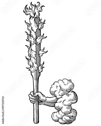 Flaming Staff Held by Hand Engraving, Occult Fire Symbol, Alchemy Ritual Wand, Dark Academia Gothic Woodcut Vector