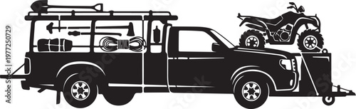 Truck, trailer, and motorcycle vector illustration, black silhouette, transportation icons