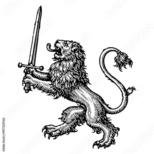 Lion Holding Sword, Heraldic Power Symbol, Renaissance Engraving