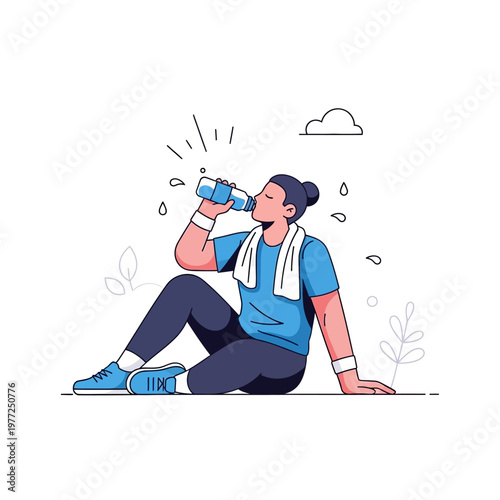 Woman resting after workout, drinking water from bottle, sweat, fitness illustration