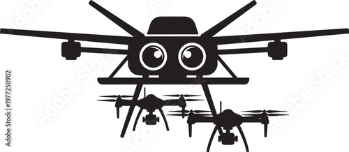 Drone, black silhouette, flying robot, aerial vehicle, vector icon