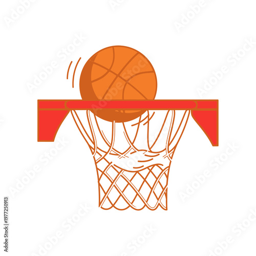 Basketball going through net, scoring a point, sport concept, clean design