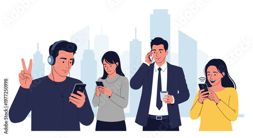 Diverse group of people using their mobile phones for different purposes like listening to music and calling against a city backdrop.
