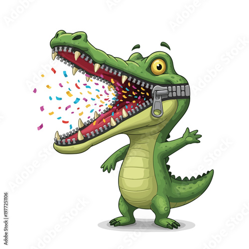 Green Cartoon Alligator with Open Mouth and Confetti