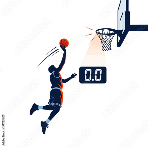 Basketball player dunking with timer counting down 0.0 seconds