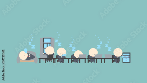 ビジネスイメージイラスト_オフィスで居眠りするビジネスマンだらけの職場