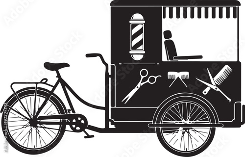 Black and white bicycle barber cart, mobile hair salon, vector illustration, barber shop on wheels