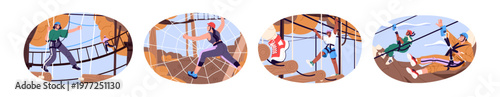 Rope park set. Happy people overcome obstacle course. Men and women in safety helmets climb on playground among trees. Ziplines, ladders, nets in forest. Flat isolated vector illustrations on white.