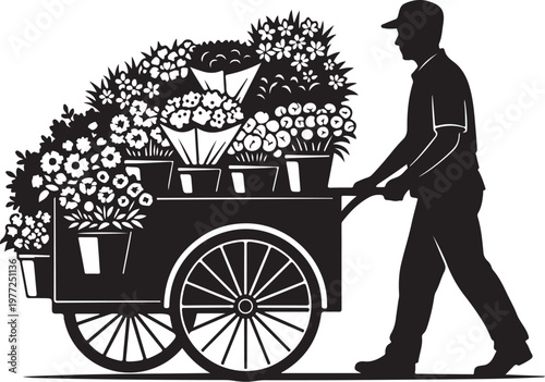 Black silhouette flower vendor, man pushing cart with potted plants, gardening illustration, floral delivery