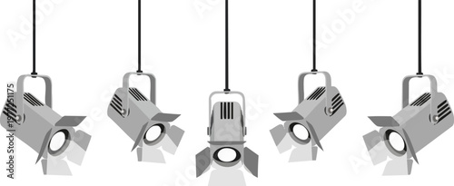 Professional stage spotlight vector set, hanging theater studio lamps, industrial movie production lighting equipment for concert and event design