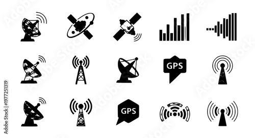 Satellite dish orbit communication icon vector set signal antenna EPS10 isolated on white