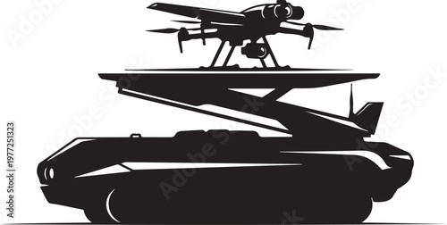 Military vehicle, drone on launcher, black silhouette, combat equipment, warfare technology