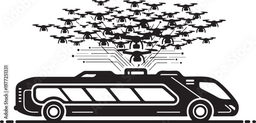 Futuristic bus, drone swarm, autonomous vehicle, black and white vector, transportation technology