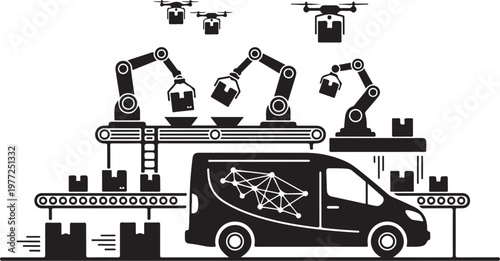 Industrial robotic arms assemble vehicle, factory automation, manufacturing process, robotics engineering
