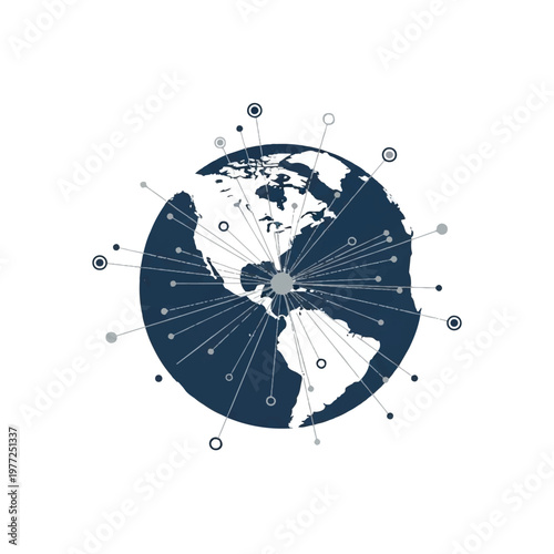 Stylized globe focused on North America with digital connection lines spreading across the continents, minimalist nodes, high-tech connectivity concept, flat vector illustration, solid flat