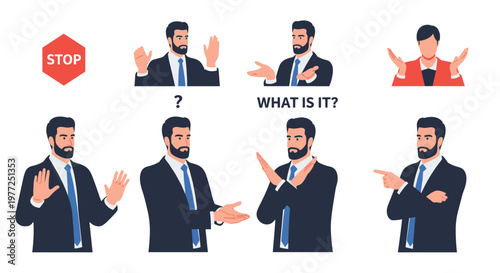 Set of character illustrations showing a businessman using various hand gestures to communicate messages like stop, questioning, and rejection.
