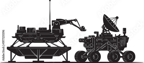 Mars rover, spacecraft, robotic vehicles, black silhouette, vector illustration