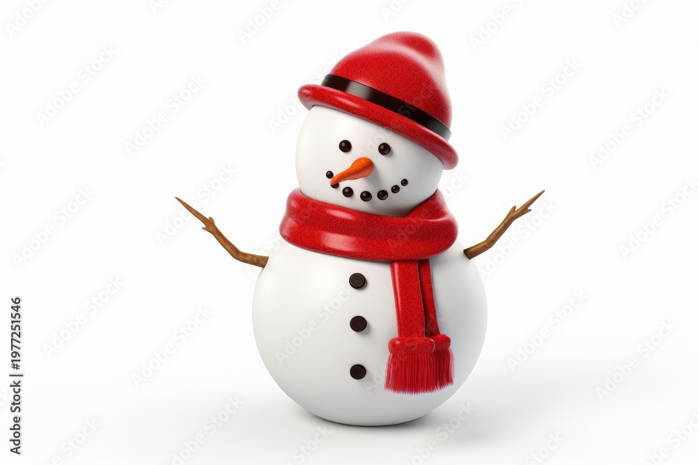 Fototapeta premium Cheerful 3d snowman with carrot nose and stick arms celebrating winter holidays