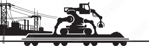 Industrial train, excavator on railcar, construction equipment, heavy machinery, silhouette