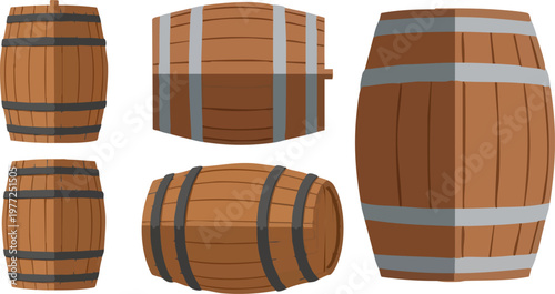 Wooden barrel vector set, brown oak wine casks with metal hoops, 5 rustic timber kegs for brewery and distillery branding, isolated cider containers