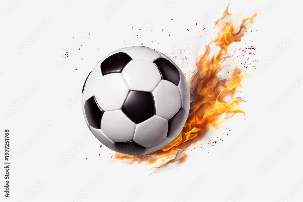 Naklejka premium Soccer ball igniting with fire and smoke on a pure white background, symbolizing sport energy