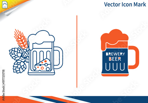 Brewery beer mug icon with wheat and hops ingredients marks.