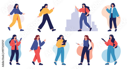Diverse group of women in various casual and professional outfits walking and standing while using digital devices or carrying accessories.