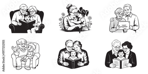 Vintage grandparents and grandchildren illustrations, set of 6 black and white family vectors, grandparents reading books with kids