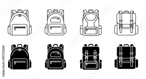 Minimalist backpack icon set, 8 school bag vector symbols in line and glyph styles, travel rucksack collection for education and hiking apps