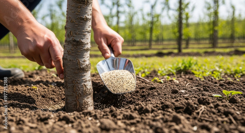 Gardener fertilizing fruit trees in orchard on sunny day  