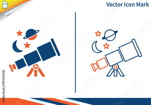 Telescope with space elements for astronomy education icons.