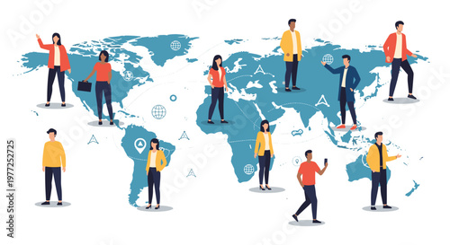 Diverse group of individuals situated across a stylized blue world map representing global connectivity, remote work, and international community.