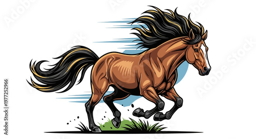 Dynamic illustration of a powerful brown horse galloping with flowing mane and tail, depicting speed and freedom.
