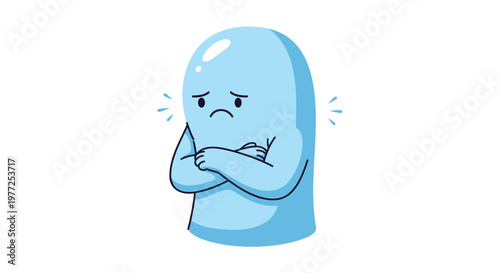 Cartoon blue character, worried face, crossed arms, emotional illustration, vector icon
