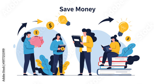 Group of motivated individuals focusing on financial literacy by saving money in piggy banks and reading books for new business ideas.