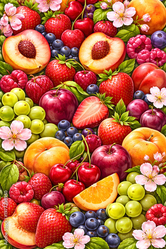 春の彩りフルーツと花の背景