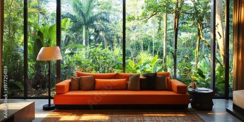 Contemporary living room with orange sofa and large